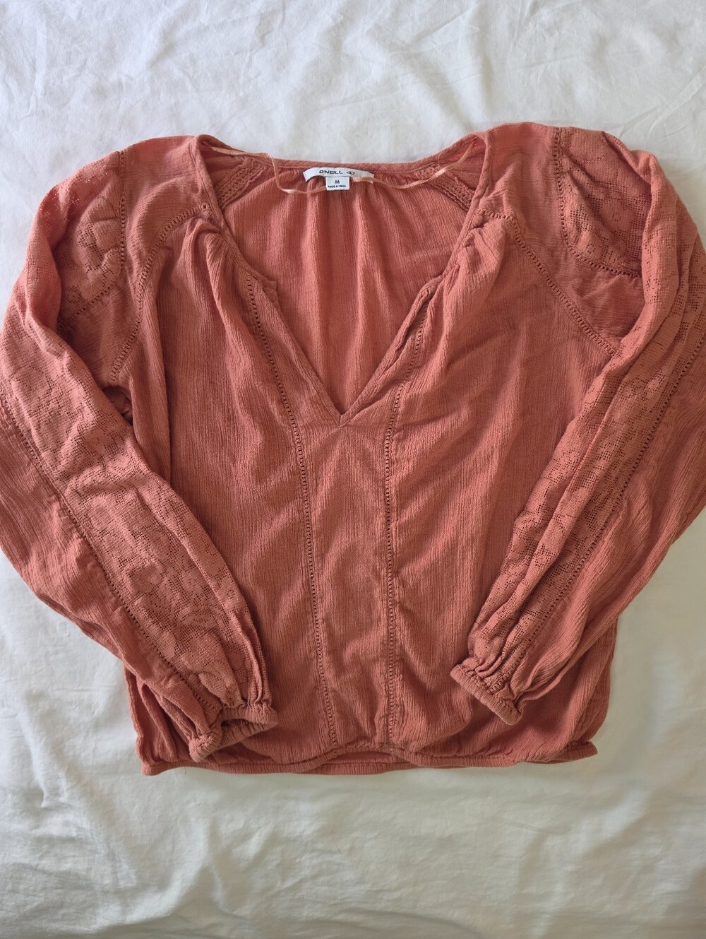 O'Neill Boho Crinkle Gauze Blouse M Terracotta Lace Long Sleeve Peasant Top
